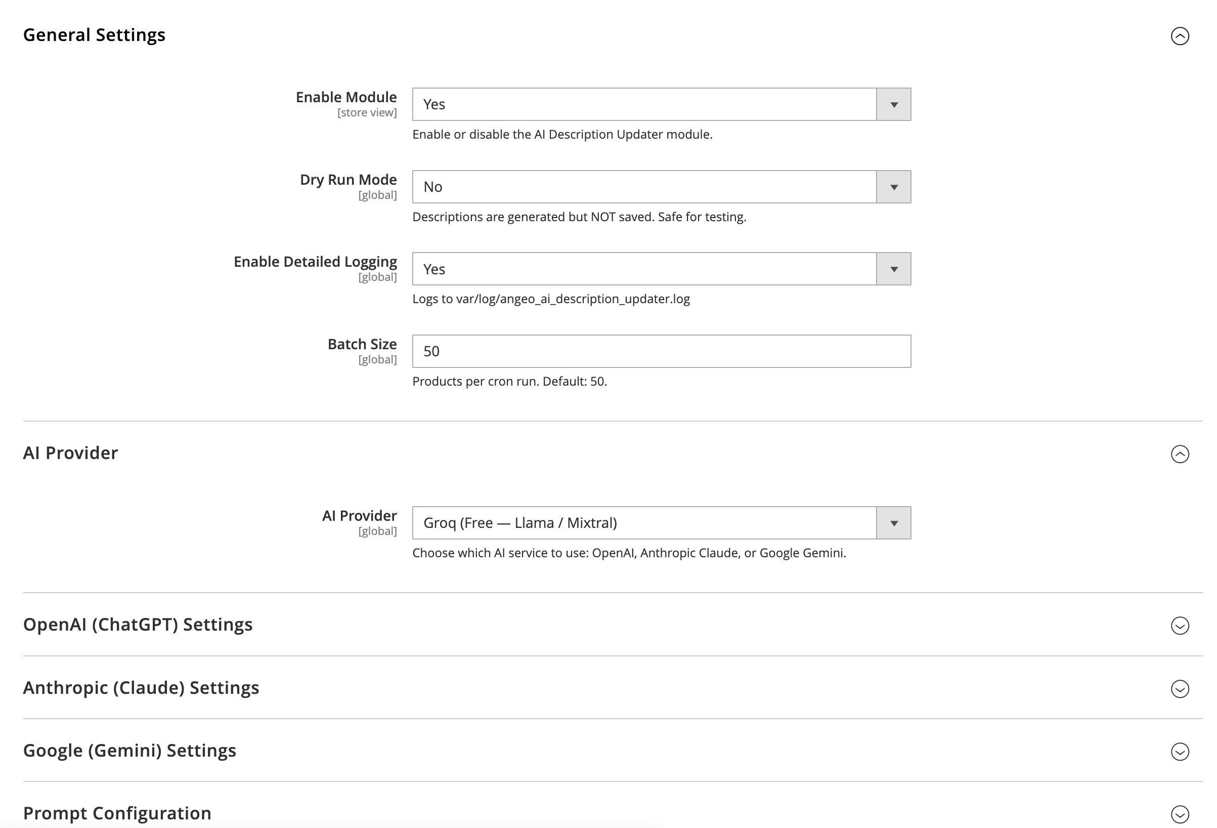Admin config panel — provider selection, prompt template editor, cron settings (Stores → Configuration → Angeo AEO → AI Description Updater)