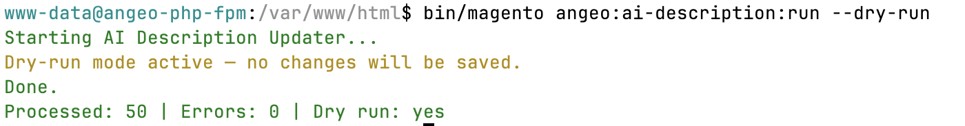 CLI run output — per-SKU status, provider, latency (bin/magento angeo:ai-description:run)
