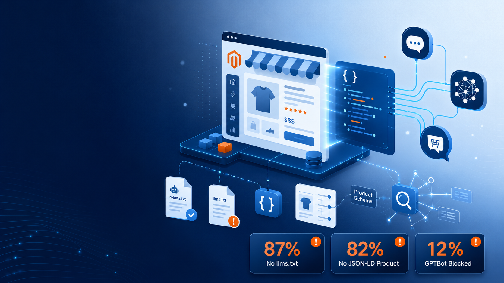 AEO scan of 462 Magento stores: 87% have no llms.txt, 82% ship no JSON-LD product schema, and 12% block AI crawlers.