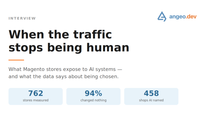Interview cover: "When the traffic stops being human" — 762 Magento stores measured, 94% changed nothing, 458 shops named by AI assistants